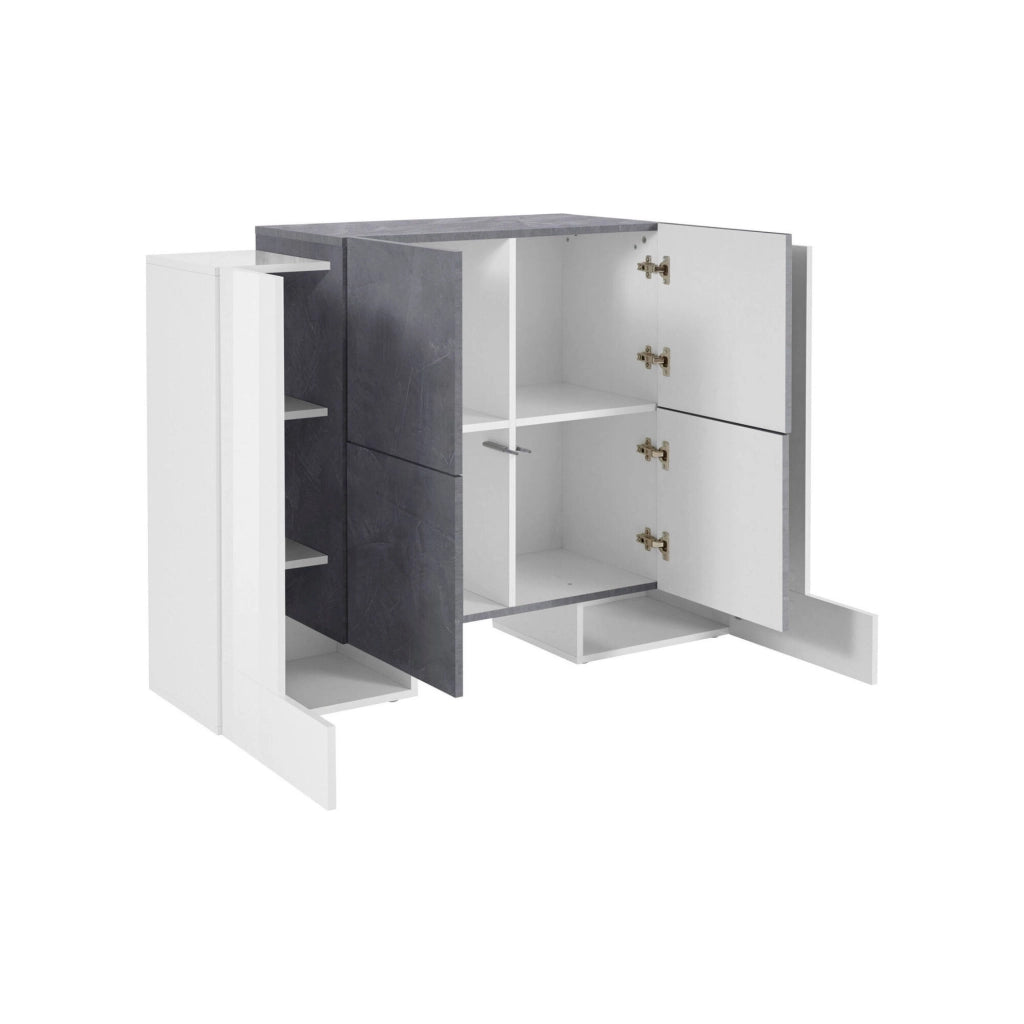Credenza moderna di design a 6 Age, Made in Italy, Buffet da cucina, Madia con scaffali da cucina, cm 130x45h100, Bianco lucido e Grigio Cenere