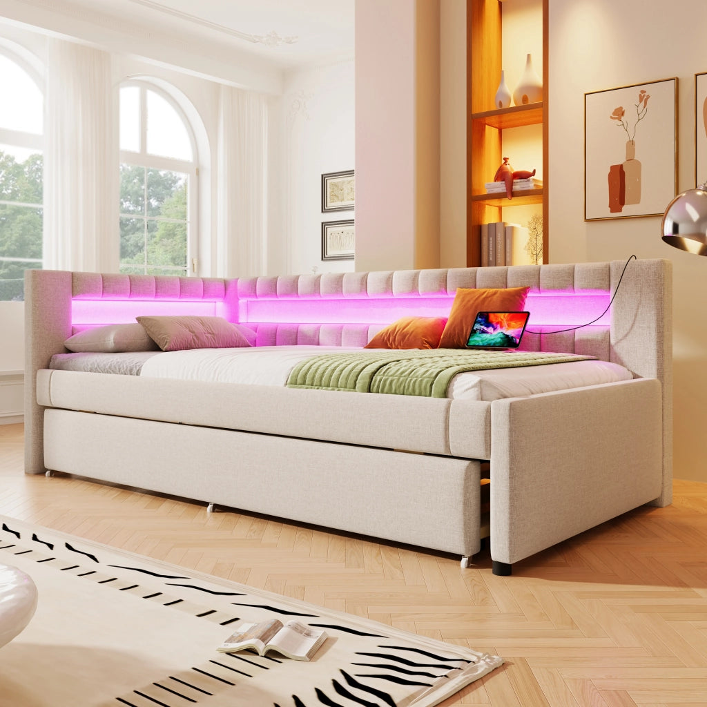DESMIU Divano letto 90 × 200 cm con letto estraibile, LED, USB, Type-C, senza materasso, lino beige