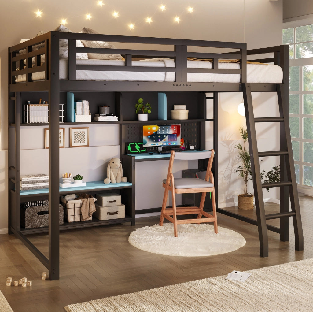 LETTO a soppalco 140x200 cm stile gaming con scrivania LED e ripiani nero