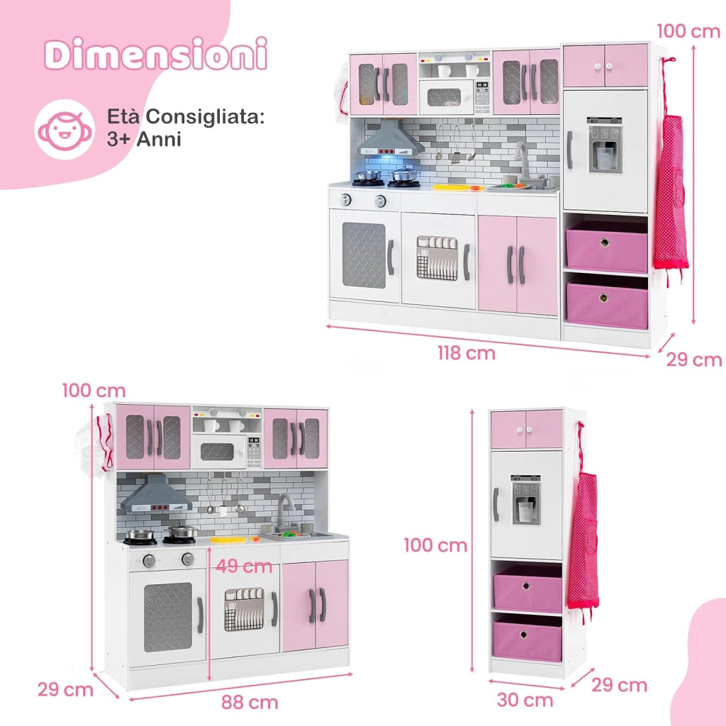 Cucina Giocattolo per Bambini, Set da Cucina in Legno con Luci e Suoni, Macchina del Ghiaccio, Cappa, Fornelli, Microonde e Lavastoviglie, per Bambini 3+ Anni, 118 x 29 x 100cm (Rosa)