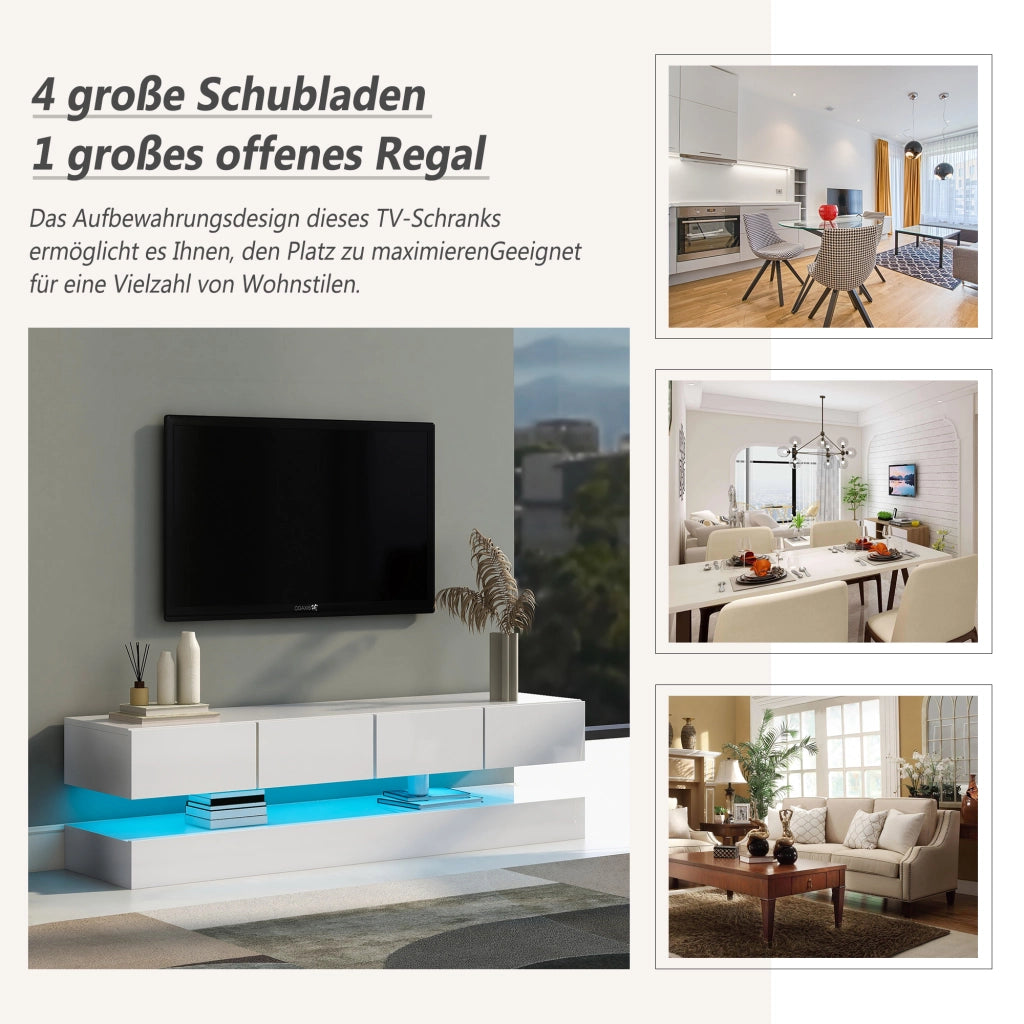 MOBILE TV A PARETE 130 cm Bianco in MDF con 4 cassetti e LED