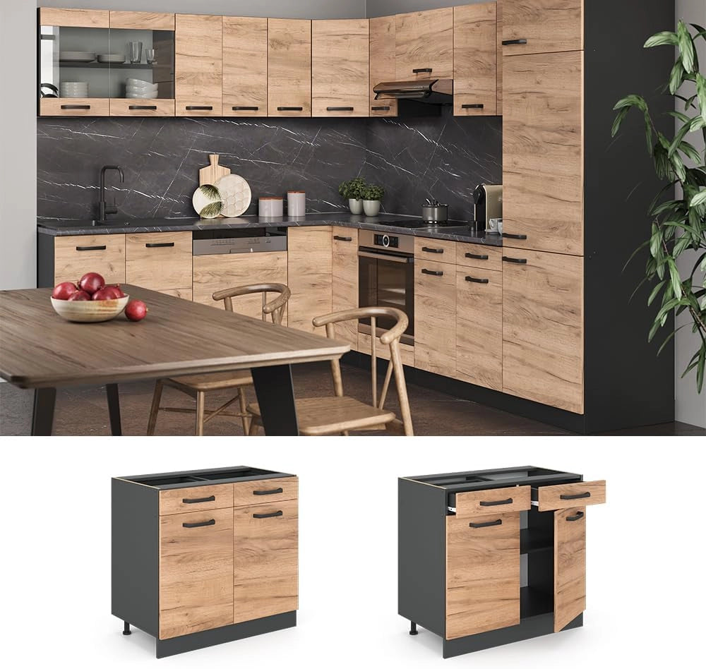mobiletto base per cucina R-line, Quercia dorata/Antracite, 80 cm senza piano di lavoro