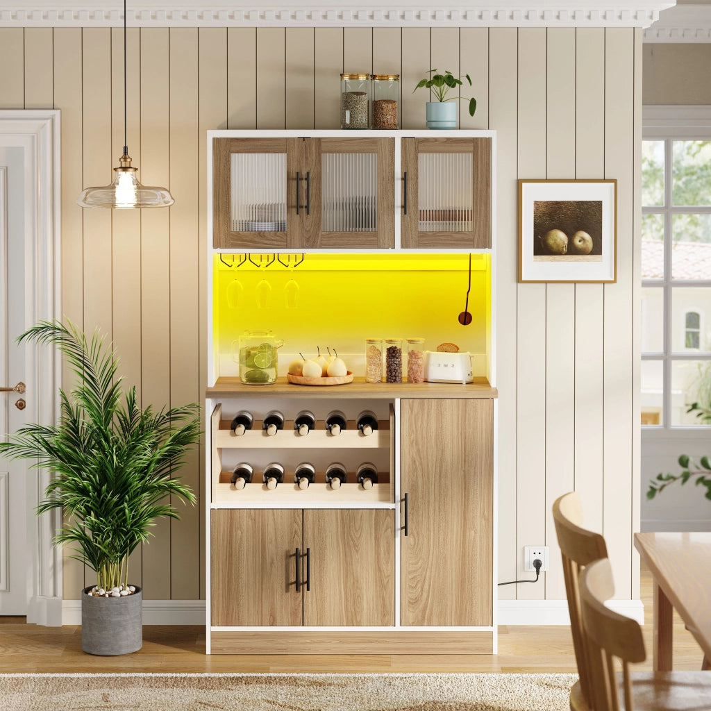 Dispensa alta con ripiani LED e presa elettrica in MDF bianco e naturale 100 × 40 × 180 cm