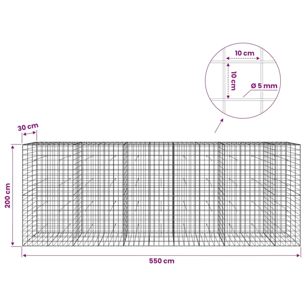 Gabione con filo da 5 mm e rete 10x10 cm 550x30x200 cm 3465173