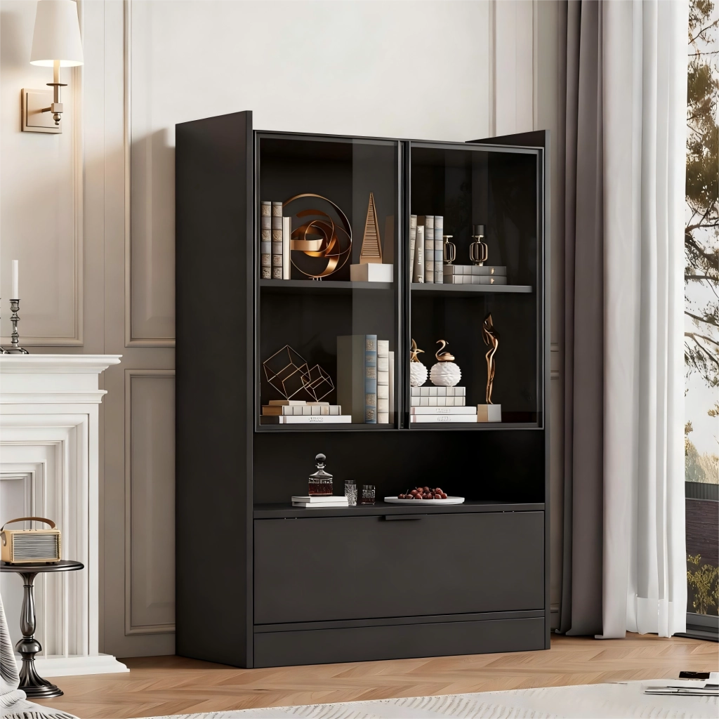 Vetrina con 2 ante in vetro; vano inferiore e LED - nero - 80x35x120 cm