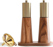 Set di Molini per Sale e Pepe in Oro con Sostegno in Legno - Treccia in Oro a Scegliere - Molino per Sale e Pepe Manuale in Acciaio Inossidabile - Regolazione della Densità - Molino per Pepe - Molino per Sale - Accessori per Barbecue - Sale Pepe Erbe