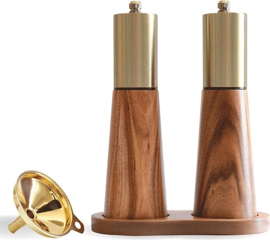 Set di Molini per Sale e Pepe in Oro con Sostegno in Legno - Treccia in Oro a Scegliere - Molino per Sale e Pepe Manuale in Acciaio Inossidabile - Regolazione della Densità - Molino per Pepe - Molino per Sale - Accessori per Barbecue - Sale Pepe Erbe