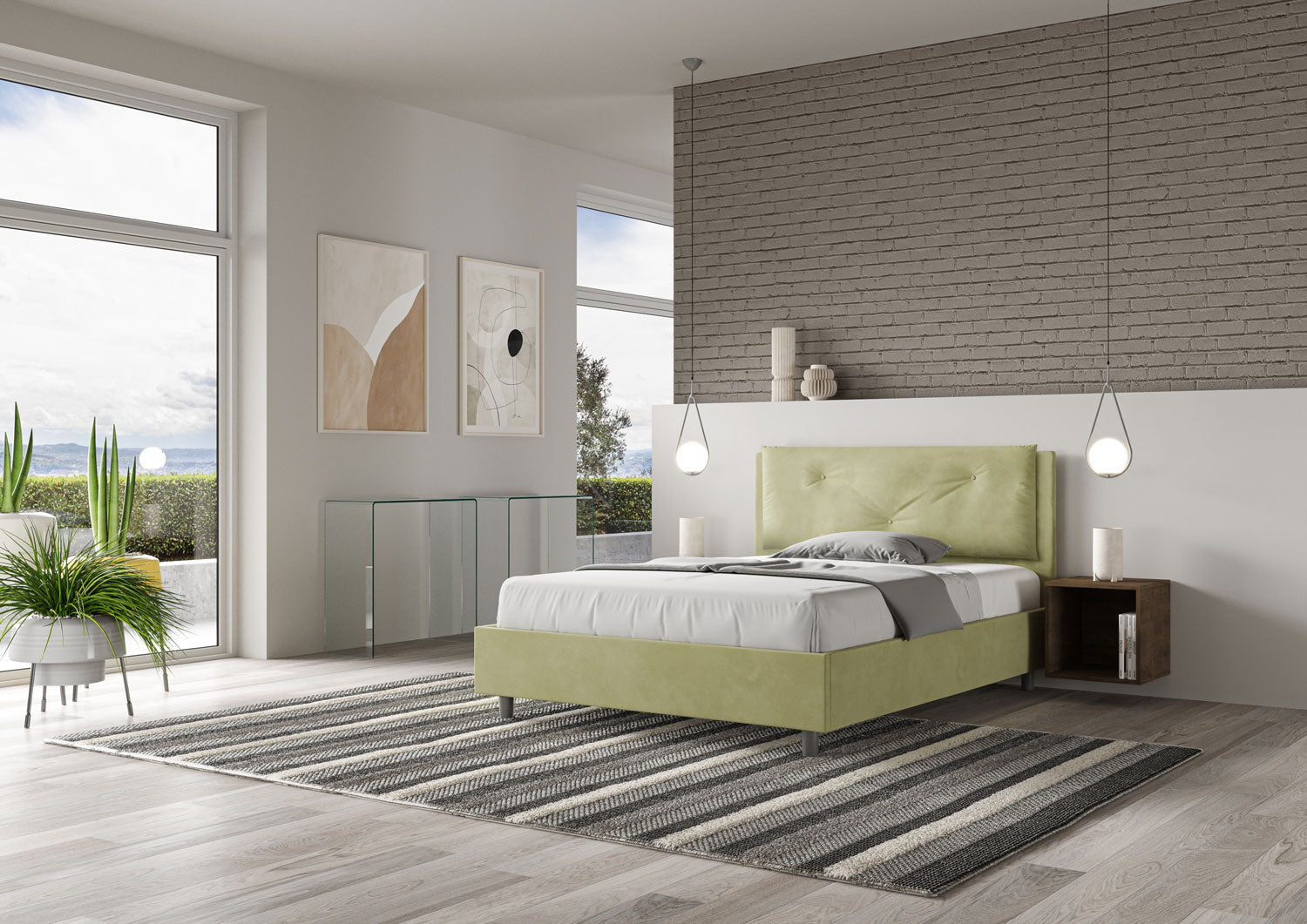 Letto Matrimoniale Francese 140x190 cm Senza Rete Imbottito in Microfibra Appia Large Tè Verde