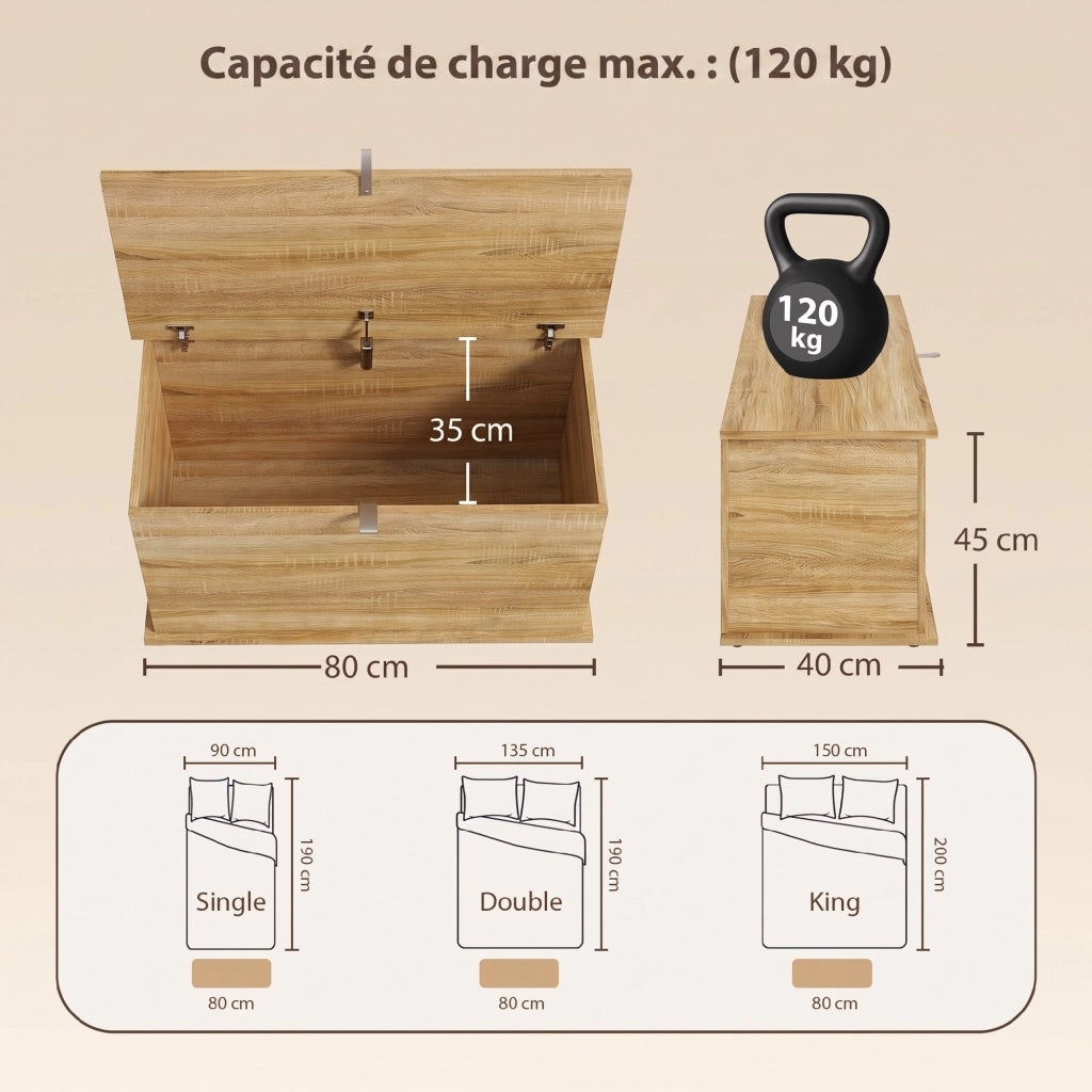 Coffre de rangement Couvercle Rabattable 80x40x45 cm Bois Naturel