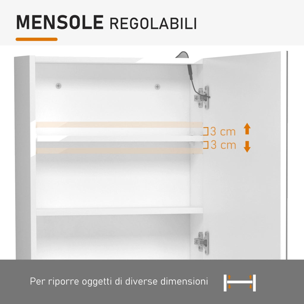 Armadietto Pensile da Bagno con 1 Anta, Specchio e Luci a LED | 2 Ripiani Interni | MDF Bianco (60 x 50 x 15cm)