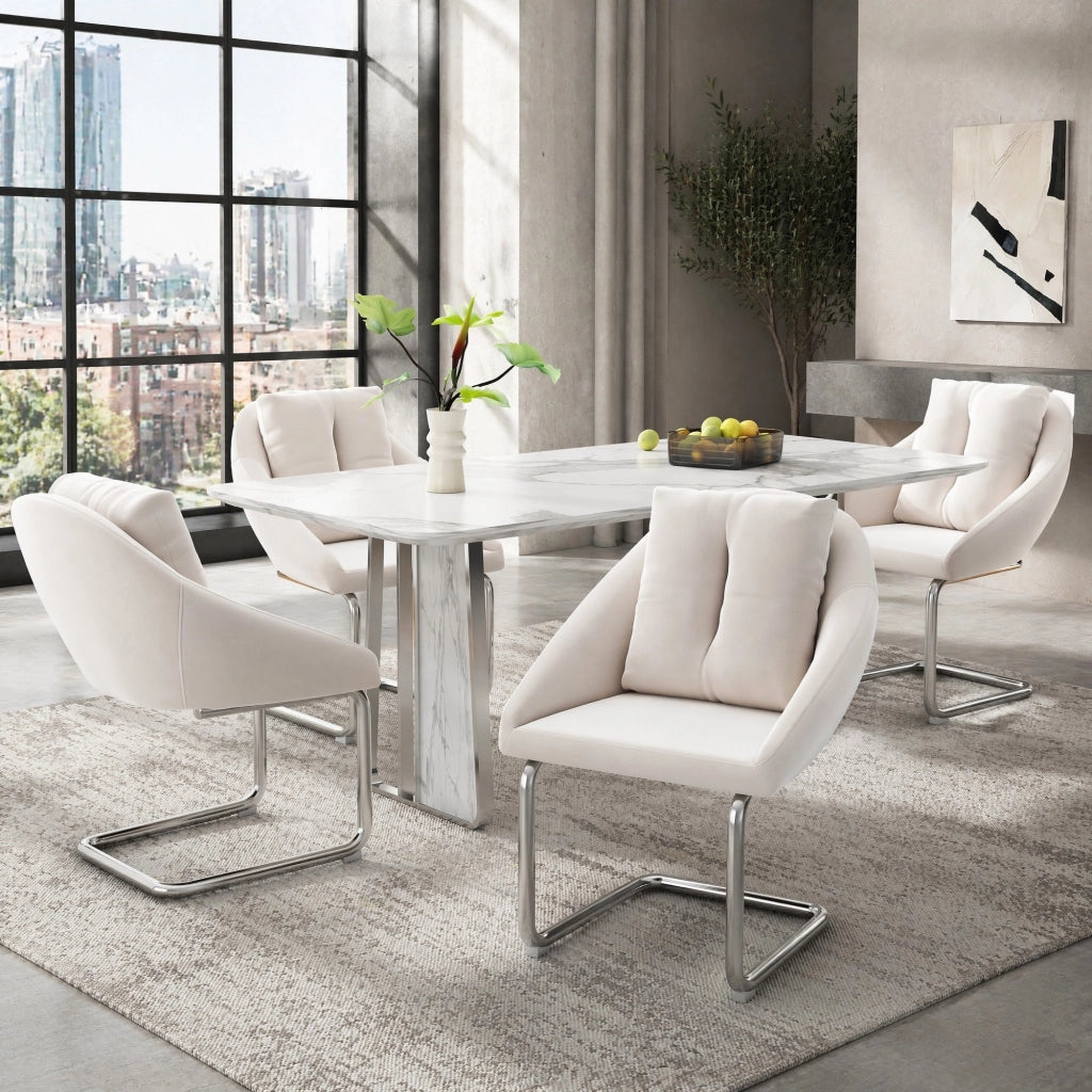 Sedia da pranzo girevole 4 pezzi con cuscino, schienale ergonomico, in velluto e metallo, Beige