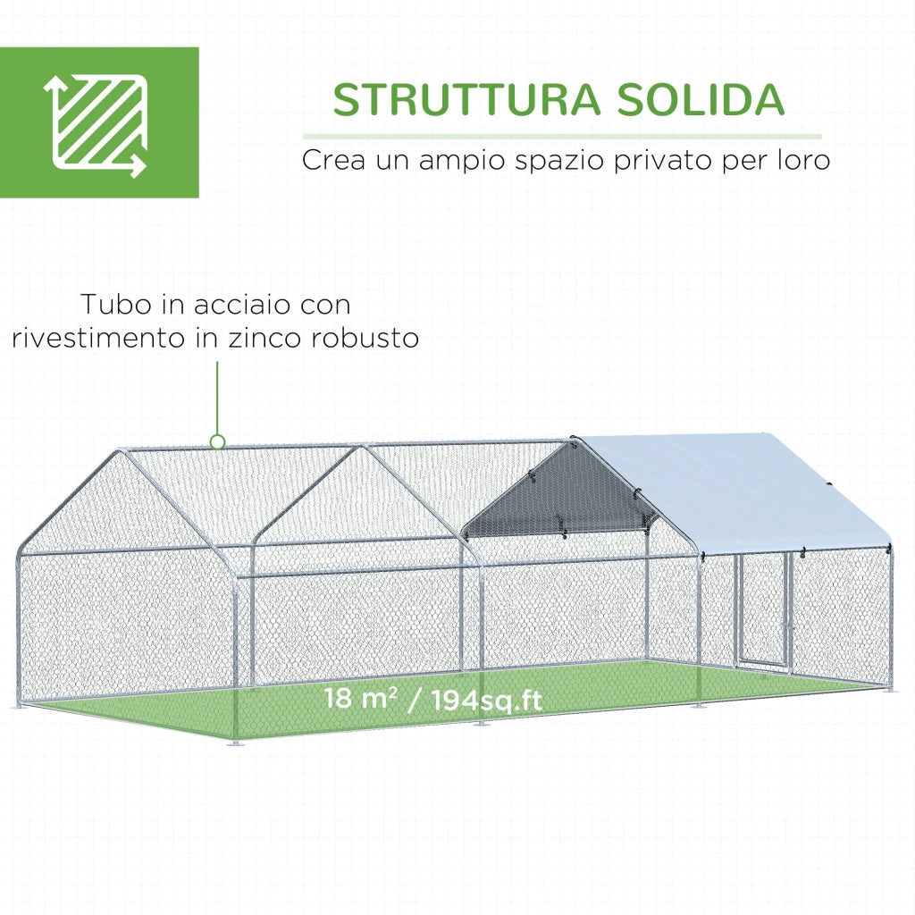 EasyComfort Pollaio per Galline da Esterno in Metallo con Copertura in Tessuto Oxford, 600x303.5x195 cm, Argento
