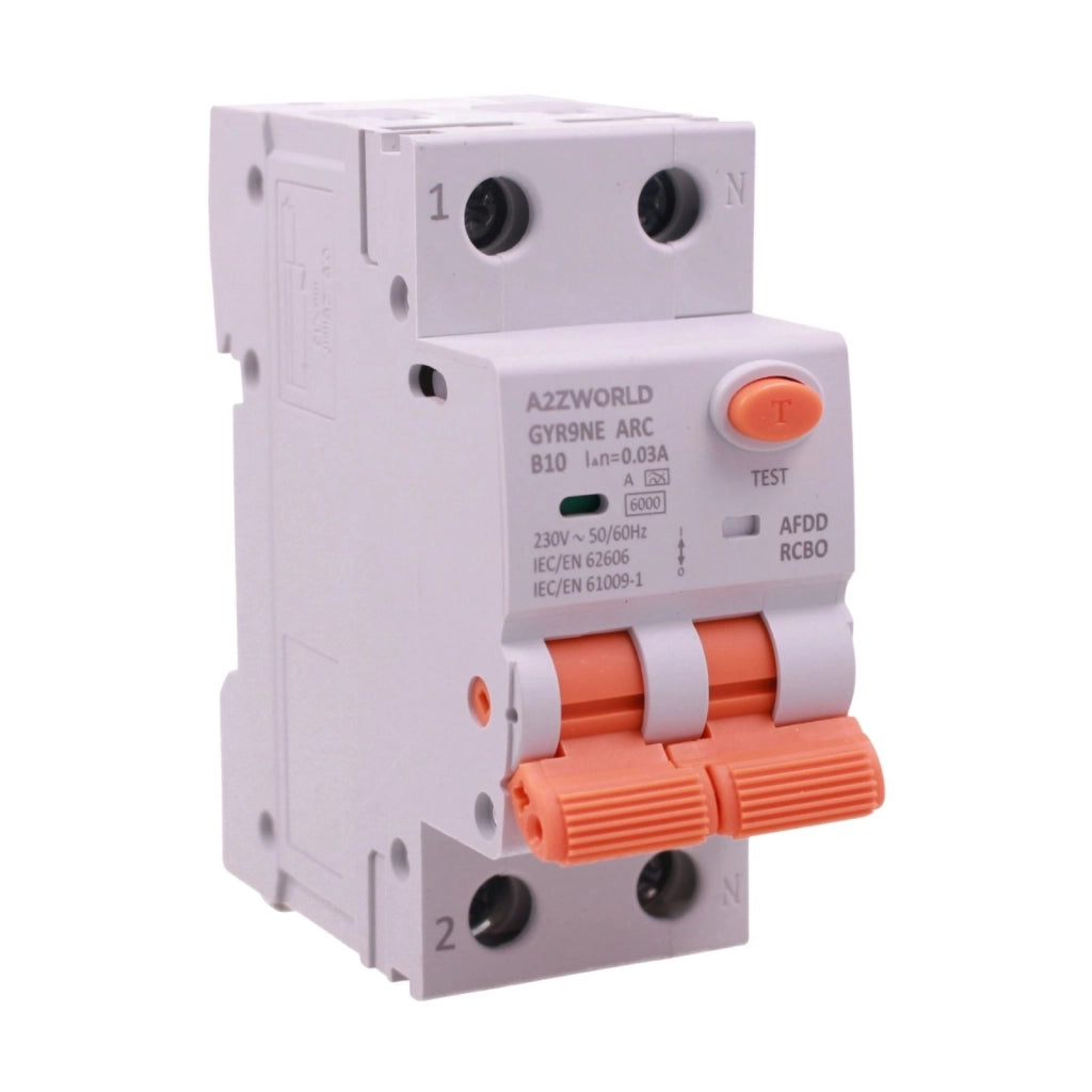 A2ZWORLD AFDD RCBO Interruttore Antincendio, Magnetotermico Differenziale con Rilevamento di Arco Elettrico, Tipo A Curva B, 1P+N 2M 6000A 30mA, AC 220V Doppia Leva GYR9NE-ARC (B10A)