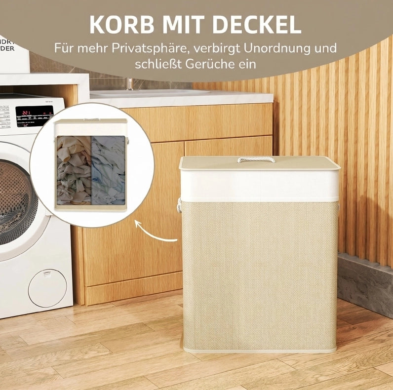 CESTO PORTABIANCHERIA 100 L in Bambù Bianco con Coperchio