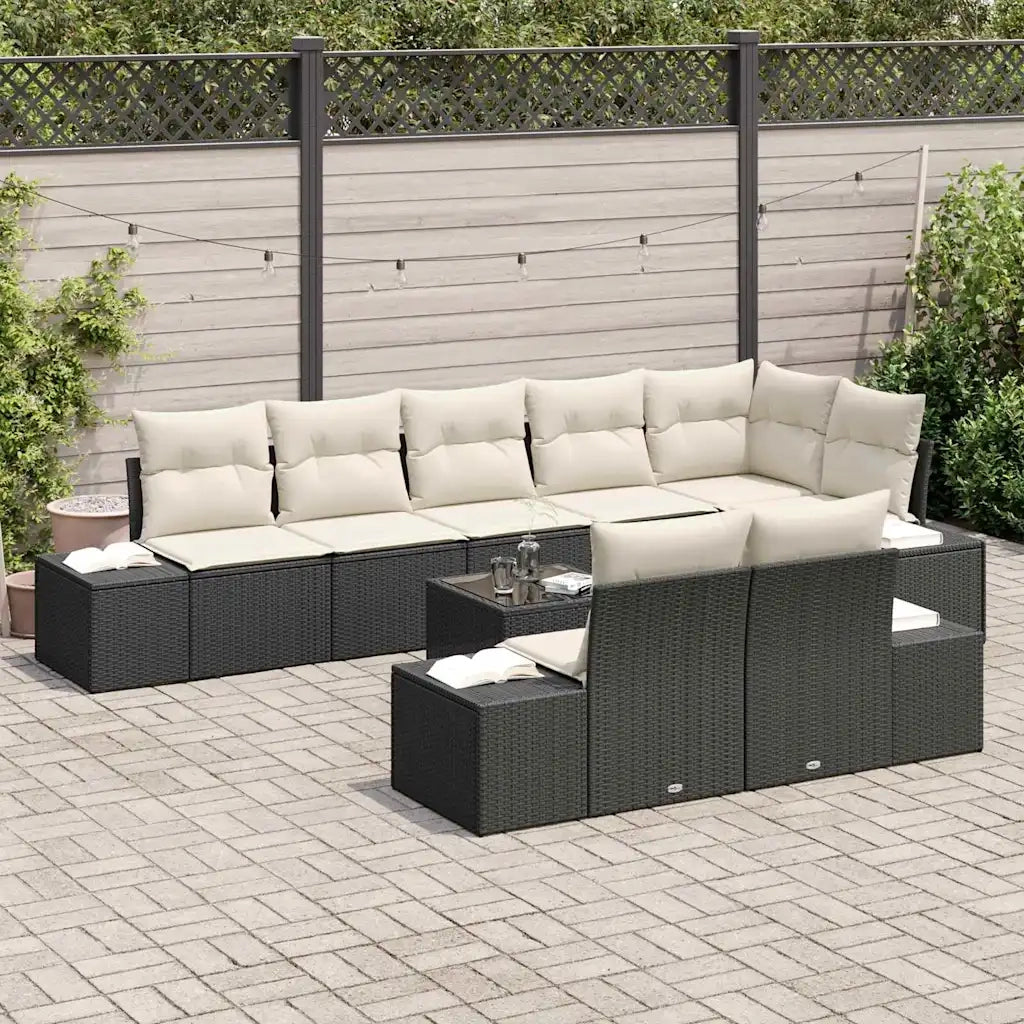 Set Divano da Giardino Nero e Crema Poly Rattan