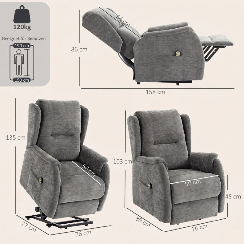 Poltrona Relax Elettrica con Alzata per Anziani, Chenille Grigio Scuro, Telecomando e Tasca Laterale