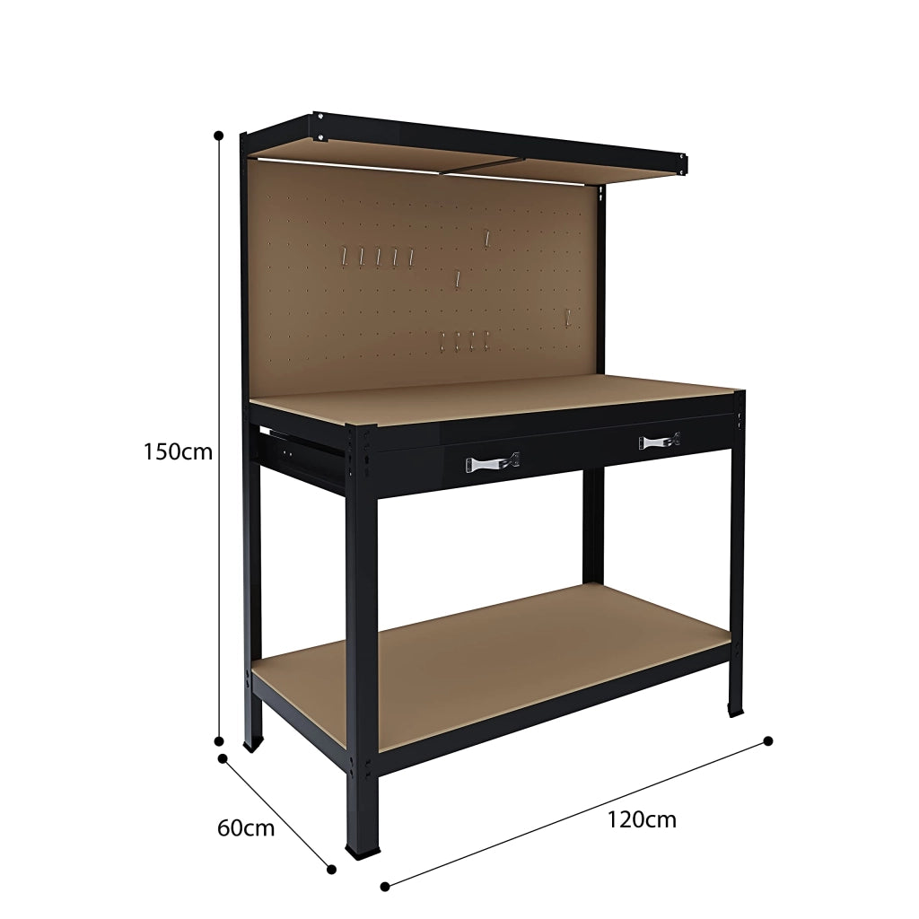 Banco Tavolo Da Lavoro A 3 Livelli Con Cassetto E Parete Pannello Forato Porta Attrezzi Utensili Portata Fino A 370 Kg Ideale Per Garage Officina Cantina Capannone Magazzino 120 X 60 Cm Nero