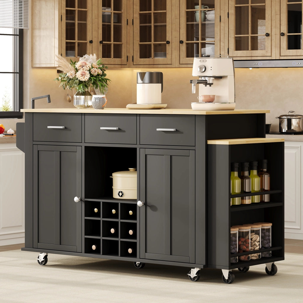 Isola cucina mobile con piano estraibile, 3 cassetti, portabottiglie, presa USB e 7 ruote, 136(223)x50x93 cm, nero/effetto naturale