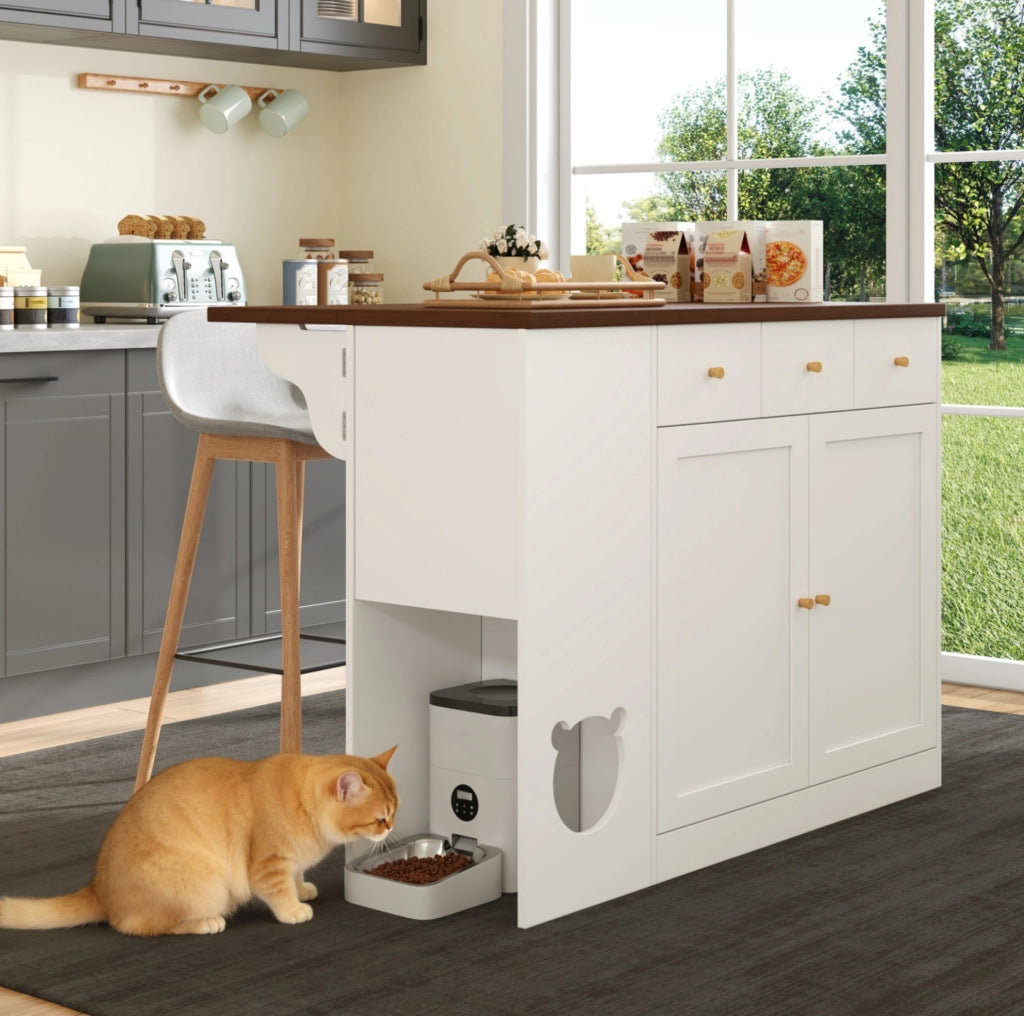 Isola da cucina 120x40x90 cm con piano estraibile e area per gatti in MDF bianco e noce
