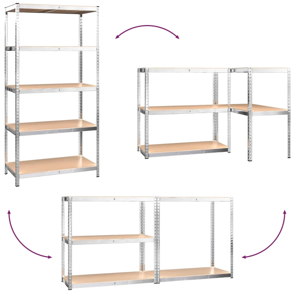 Scaffali Resistenti 5 Ripiani 3pz Argento Acciaio e Multistrato 3154206