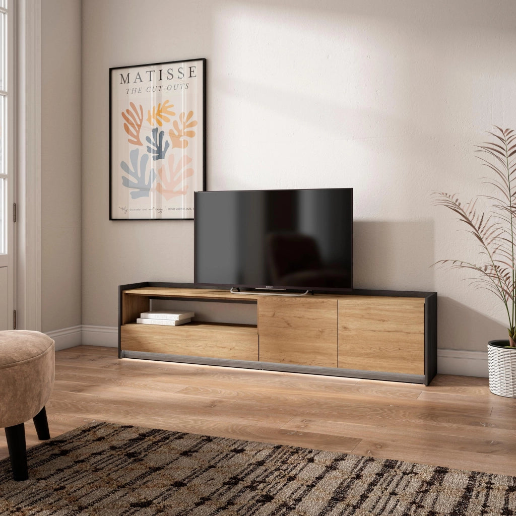 Mobile TV Soggiorno, 207x50x37 cm, Per TV fino a 80", LED, Rovere e nero