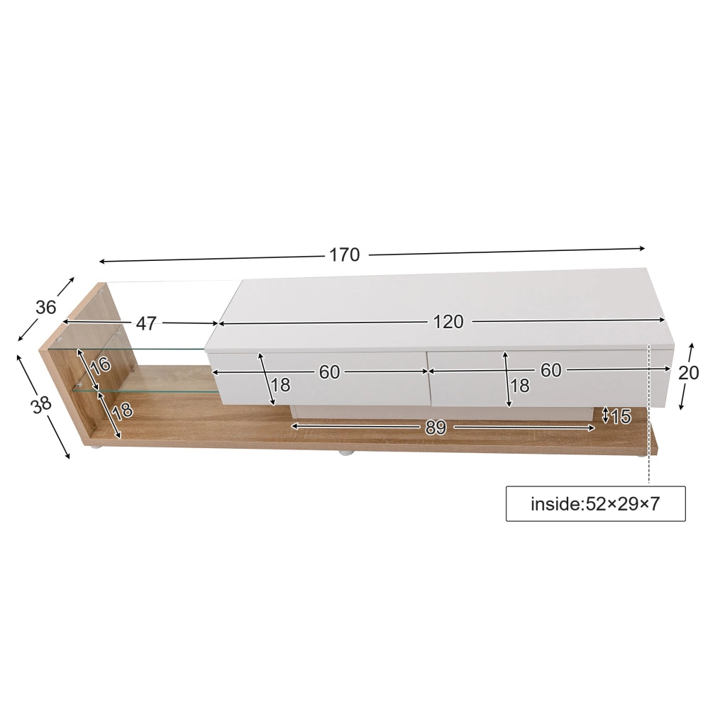 Mobile TV 170x36x38 cm; 2 cassetti e LED controllabile via app; truciolare bianco