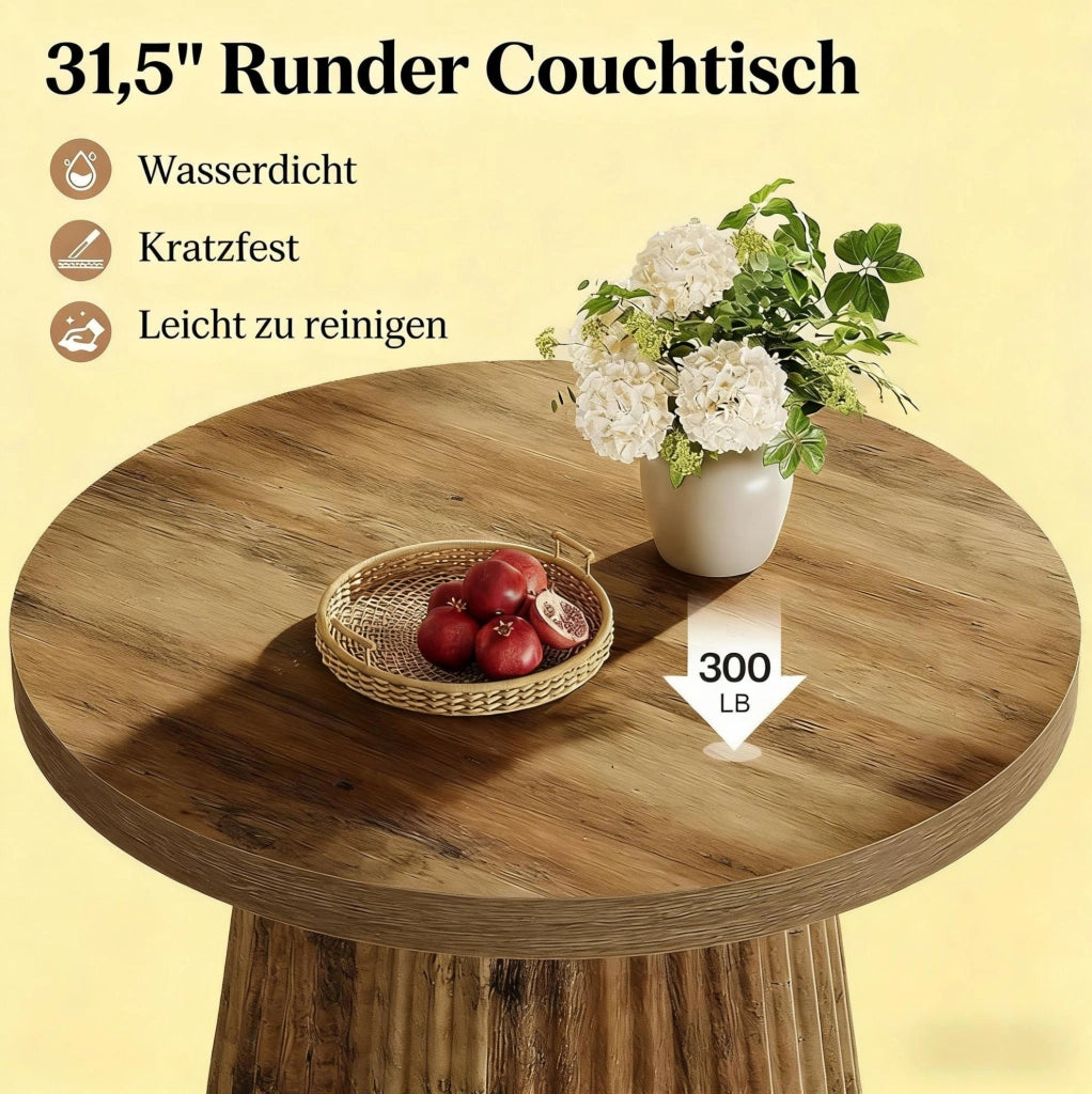 Tavolino da caffè rotondo ? 80 cm in MDF marrone con base scanalata