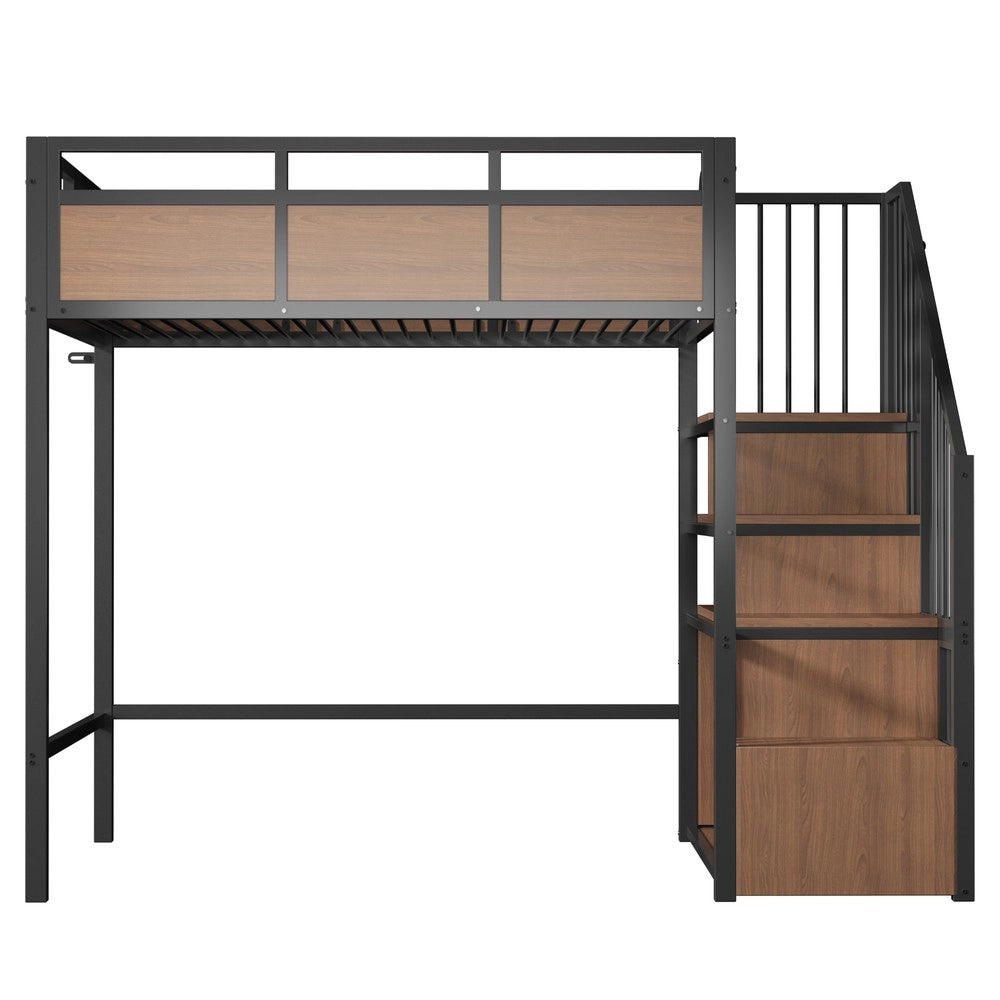 Letto a soppalco con LED ¨C Minimal ¨C nero metallo pino 90x200 cm