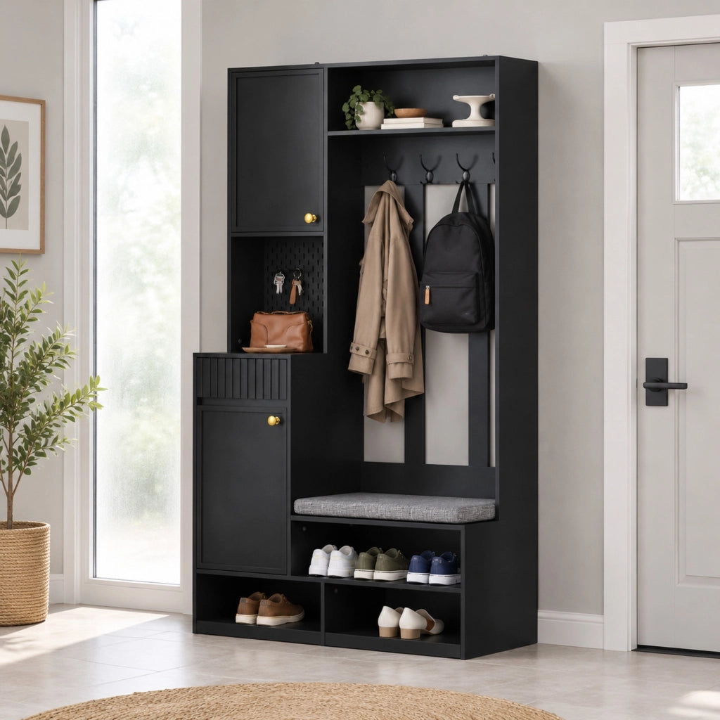 Set completo appendiabiti con panca imbottita, 4 ganci, ante e cassetti, nero, 100×180×35 cm