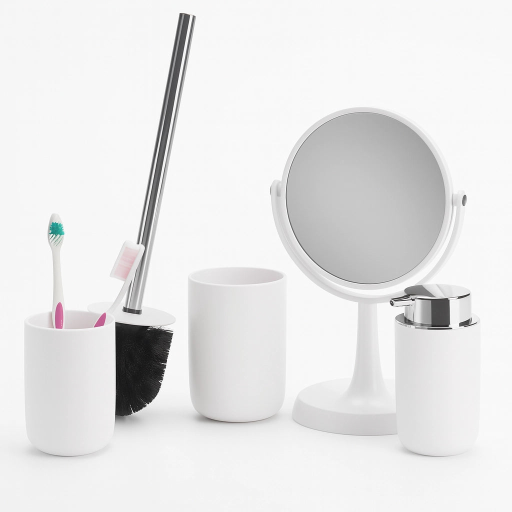 Accessori da Bagno 4pz Acciaio e Polipropilene Specchio PortaScopino Dosatore Bicchiere