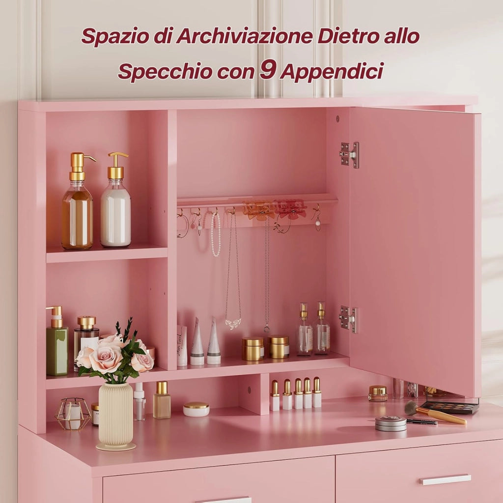 Toeletta da Trucco con Luci LED,Tavolo da Trucco con Sgabello, Postazione Trucco con Specchio,Scomparti Aperti, Ripiani Regolabili,Moderno,per Camera da Letto,Rosa