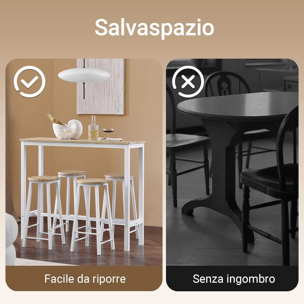 tavolo alto con sgabelli set con 4 sgabelli - tavolo bar salvaspazio per cucina piccola e balcone, design industriale moderno, ideale per giardino o terrazzo bianco OGT22-WN