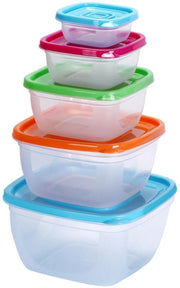 Set di contenitori alimentari in 5 pezzi con coperchi, contenitori per snack e pasti in plastica BPA-free, contenitori per la cucina con coperchi, contenitori alimentari sovrapposti, compatibili con forni a microonde e congelatori, formato quadrato