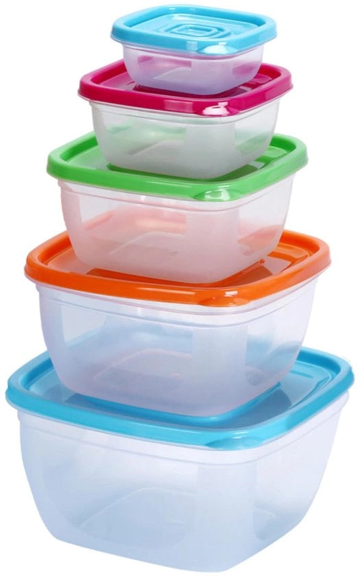 Set di contenitori alimentari in 5 pezzi con coperchi, contenitori per snack e pasti in plastica BPA-free, contenitori per la cucina con coperchi, contenitori alimentari sovrapposti, compatibili con forni a microonde e congelatori, formato quadrato
