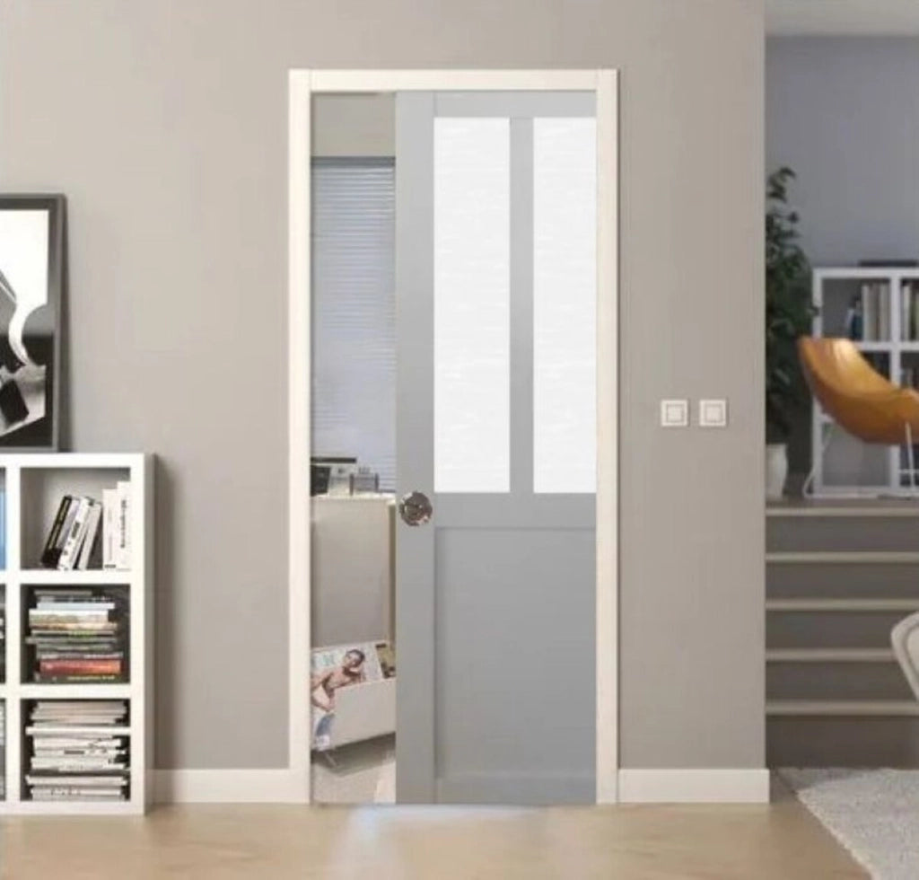 Porta Scorrevole Officina Vetro satinato bianco H204 x L83 + Sistema Pocket e kit di finitura inclusi senza maniglia