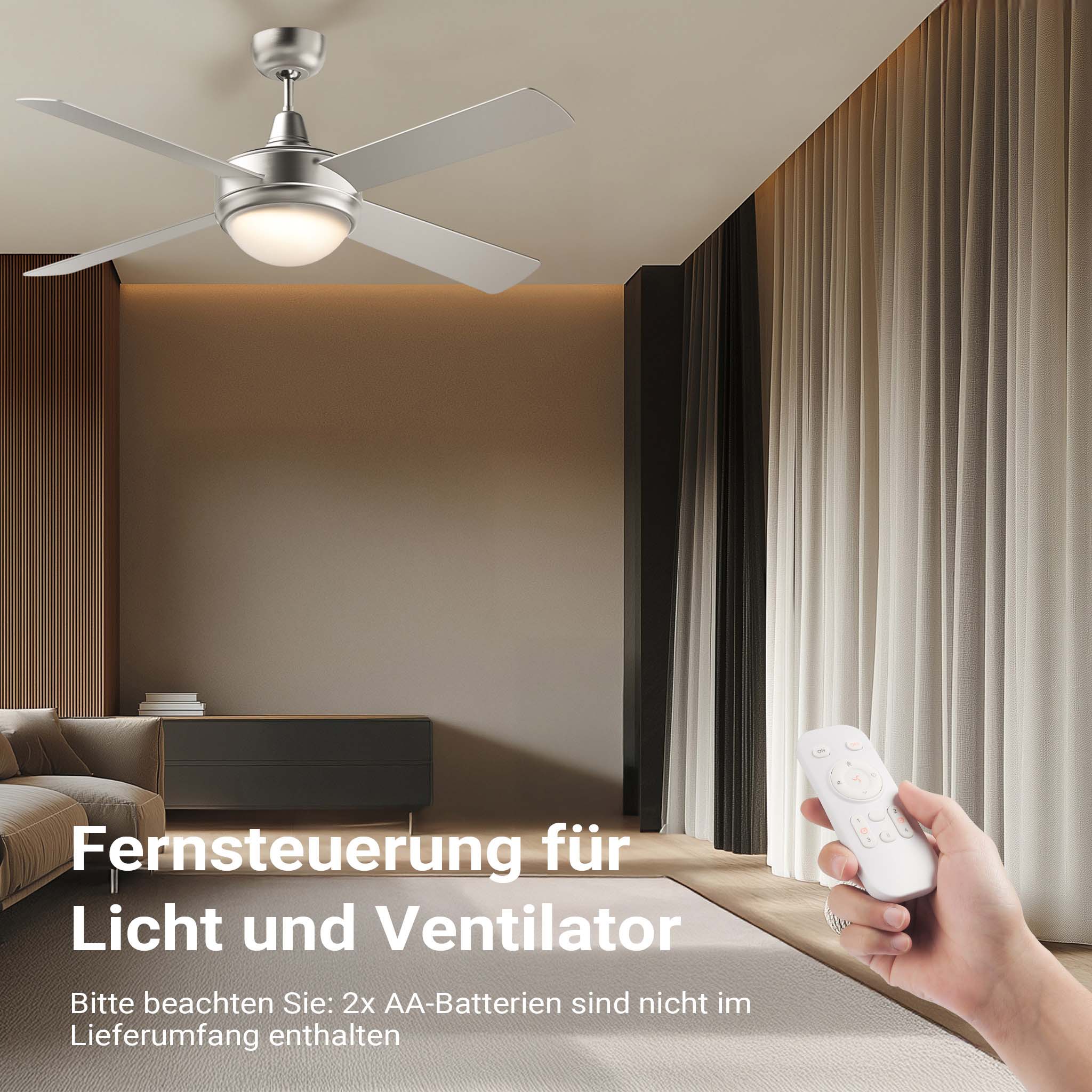 Ventilatore da soffitto Ø 130 cm con 4 pale, lampadario ventilatore con 3 velocità, telecomando, timer, modalità estiva e invernale, 65 W