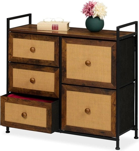 Comodino 5 cassetti in legno rossobruno - Camera da letto - 77 x 85 x 315 cm - Commode in metallo marrone-nero - Stile moderno