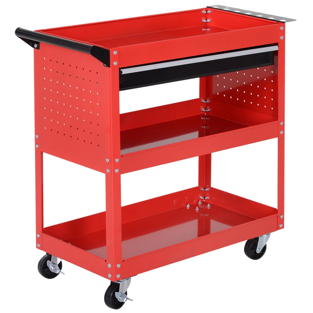 Carrello Portautensili 82x35x76 cm Rosso in Acciaio a 3 Livelli con Cassetto e 4 Ruote