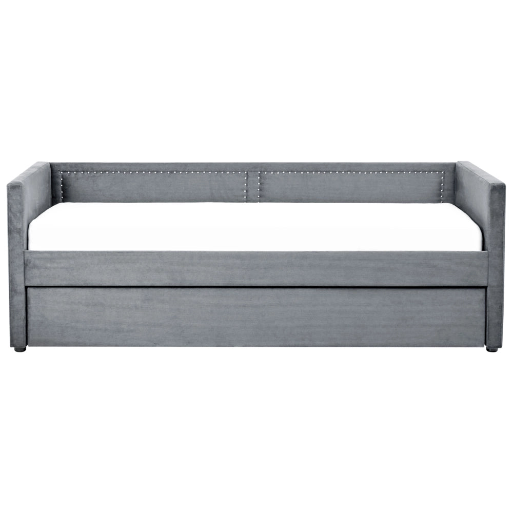 Letto da giorno estraibile velluto a coste grigio scuro 90 x 200 con rete a doghe e testiera con chiodini