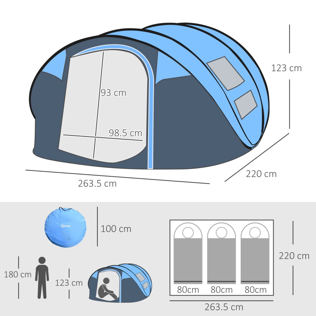 Tenda da Campeggio Pop Up 2 Posti con 2 Porte, 4 Finestre e Telo Impermeabile, 263.5x220x123 cm, Blu