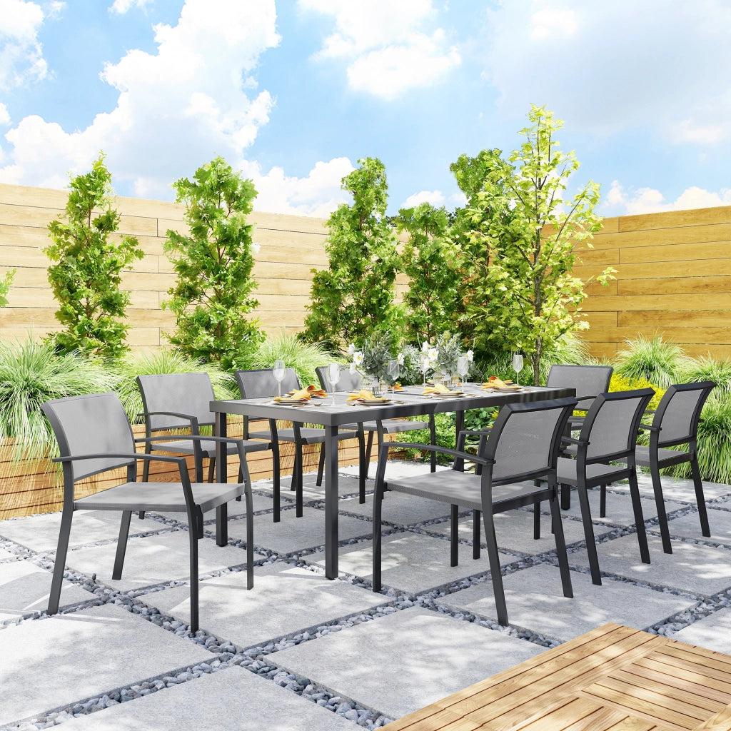 Set da Giardino con Tavolo da Pranzo Rettangolare e 8 Sedie Impilabili con Braccioli Grigio