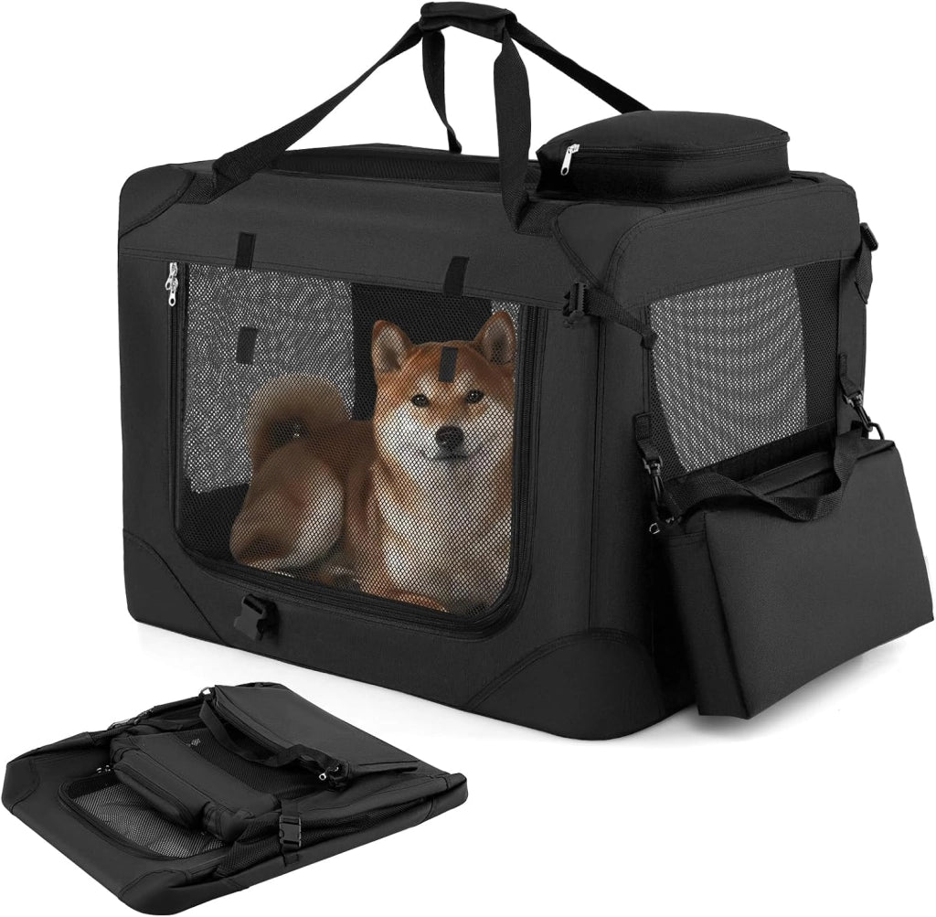 Trasportino per Cani e Gatti, Borsa per Cani Pieghevole e Traspirante con Morbido Cuscino, Parte Superiore Apribile, 2 Tasche Portaoggetti e 2 Manici per Animali Domestici (M,Nero)