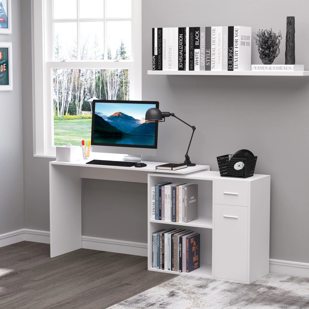 EasyComfort Scrivania Angolare con Libreria Scaffale in Legno Bianco, Tavolo da Pranzo con Rotazione a 360°, 173x39.8x74 cm