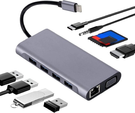 Hub USB C Multifunzionale 11 in 1 per Laptop PC con Supporto 4K - Connessione Ethernet RJ45 - Alimentazione Power Delivery - Trasferimento Dati Rapido
