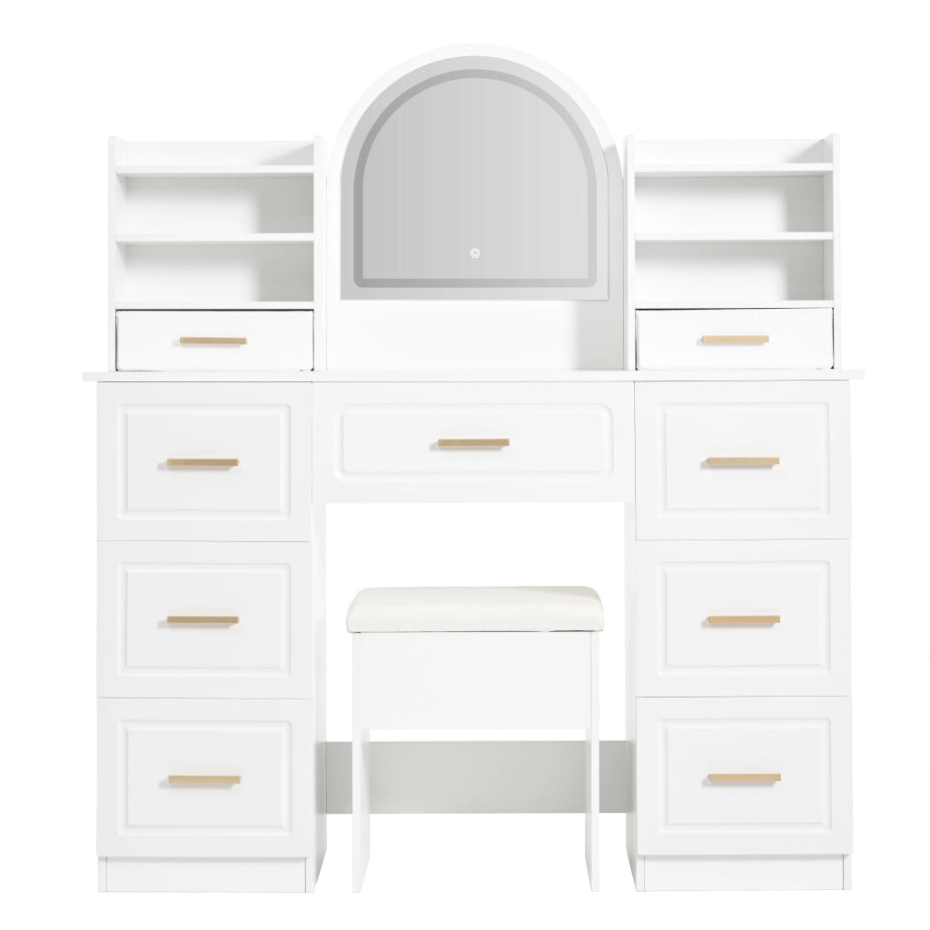 Tavolo da Trucco con Specchio e LED ¨C MINIMAL ¨C 9 Cassetti, Bianco, 120x40x135 cm