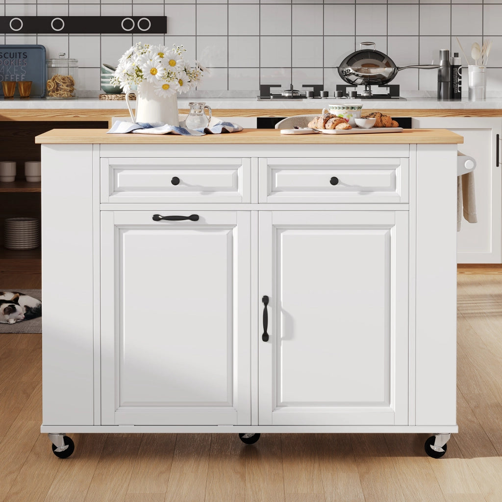 Isola Cucina Mobile con Piano Estensibile 120 cm; Porta Rifiuti; Prese USB; Ripiano Regolabile e Ruote