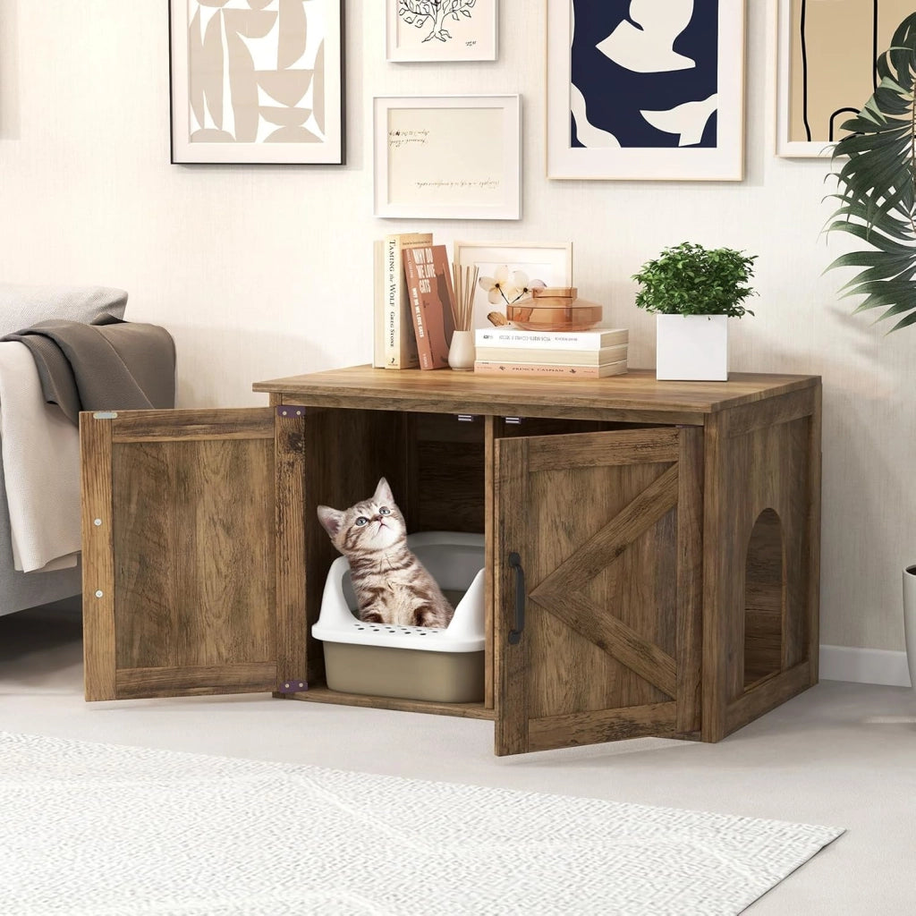 Mobile Lettiera per Gatti in Legno con Piano Ampio e Apribile, Interno Sapzioso e Divisorio Rimovibile, Casetta per Gatti da Interno in Stile Fienile con 2 Ingressi, 80 x 54 x 53,5 cm