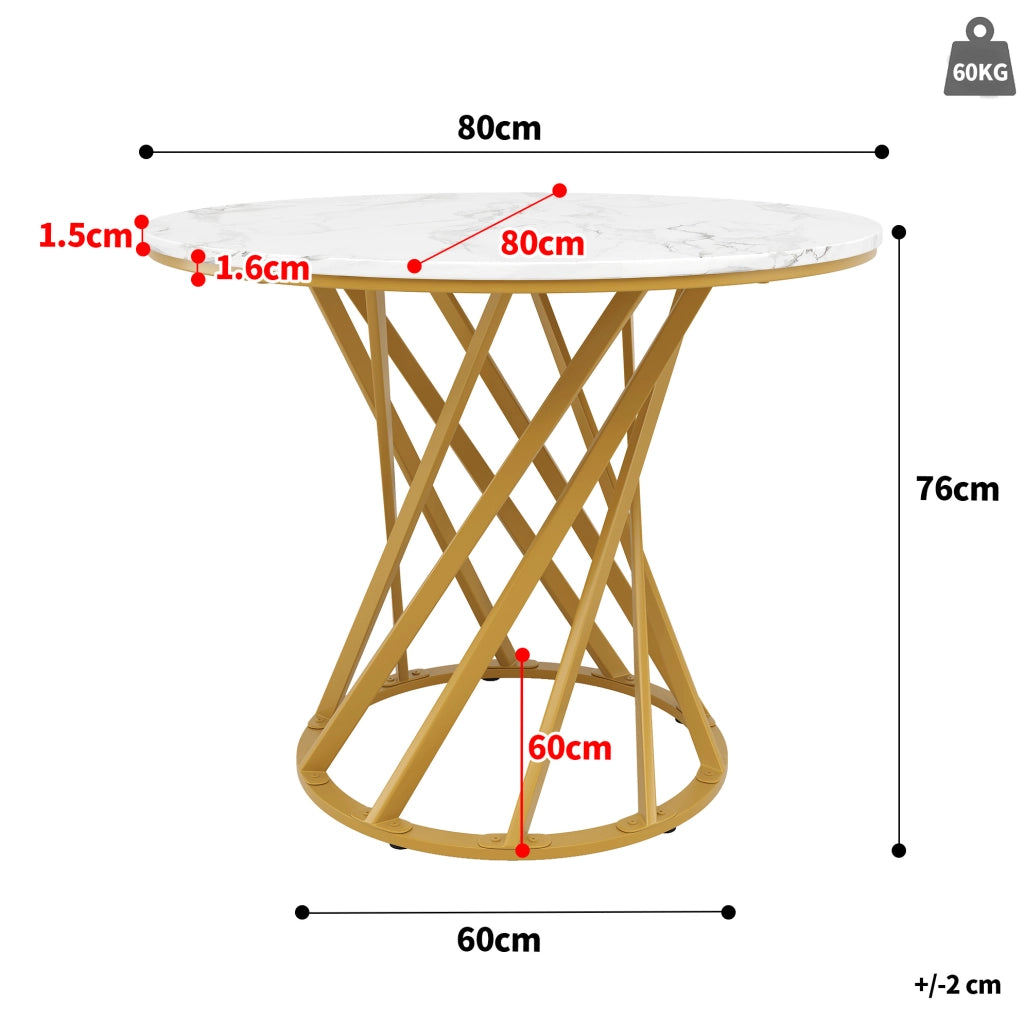 Tavolo da pranzo 80x80x76 cm con gambe regolabili; MDF e metallo; bianco e oro