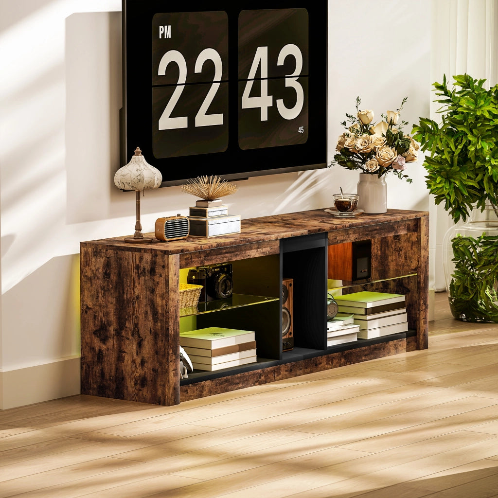 Mobile TV con luci LED e telecomando, ripiani aperti ¨C zephmum ¨C 140x35x47, marrone