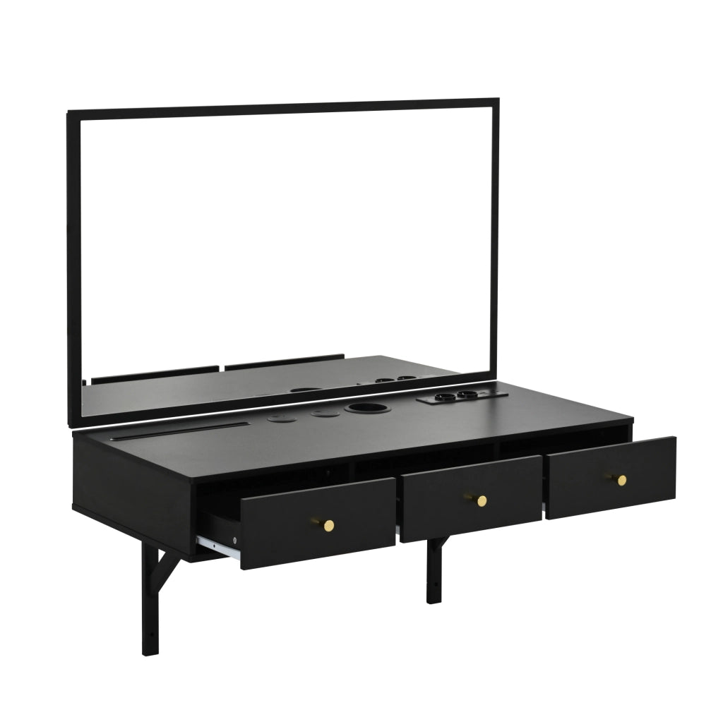 Toeletta con specchio e 3 cassetti 100x45x105 cm in pannello truciolare nero con prese integrate